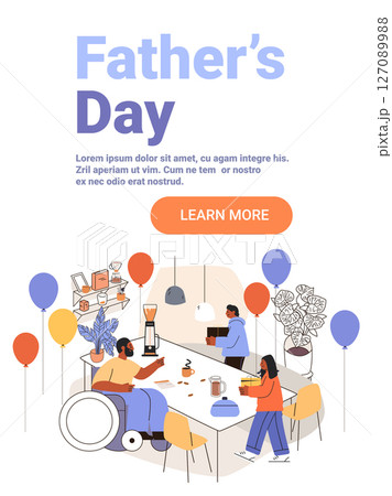 Fathers Day family celebration gifts balloons kitchen table man in wheelchair children festive breakfast plants modern interior flat colors Fathers Day family celebration gifts balloons kitchen table man in wheelchair children festive breakfast plants modern interior flat colors 127089988
