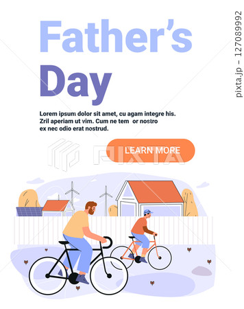 Fathers Day family cycling outdoor activity dad son riding bicycles countryside landscape wind turbines houses modern flat website banner 127089992
