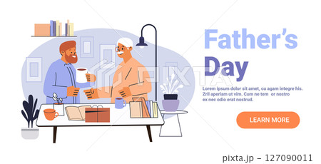 Father and son celebrating Father's Day together sharing coffee gifts books cozy home interior modern flat design web banner 127090011
