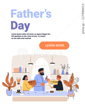 Fathers Day family celebration coffee gifts kitchen modern interior plants cheerful people flat design website banner Fathers Day family celebration coffee gifts kitchen modern interior plants cheerful people flat design website banner 127090013