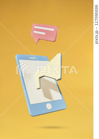 Notification box and speaker pop out from the phone floating on a yellow background. Illustration for setting notification for sale, flash sale deal Notification box and speaker pop out from the phone floating on a yellow background. Illustration for setting notification for sale, flash sale deal 127090886
