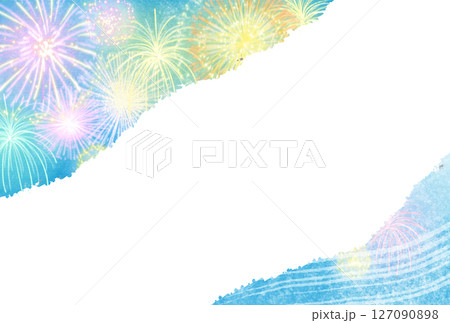 夏の空と打上花火の涼しげなフレーム背景素材 127090898