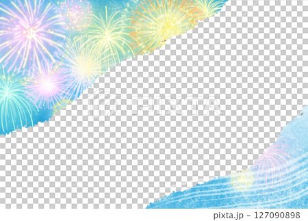 夏の空と打上花火の涼しげなフレーム背景素材 127090898