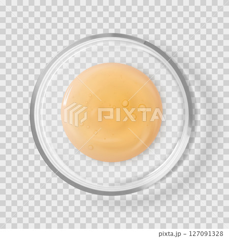 Glass Petri dish with Centella serum orange drop isolated realistic vector illustration 127091328