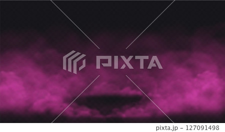 Pink Smoke effect on transparent dark background. Fog cloud above the floor surface with an empty spot 127091498