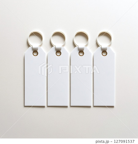 Four paper blank gift tags in row on a clean, creamy white background Four paper blank gift tags in row on a clean, creamy white background 127091537
