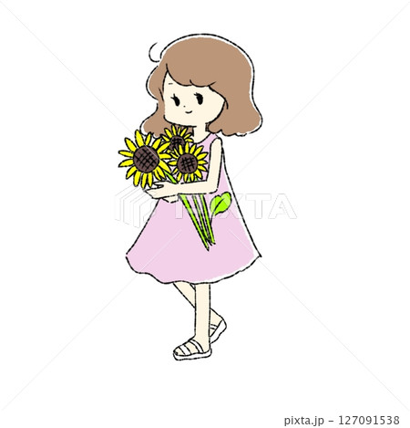 ひまわりの花束を持つワンピースの女の子 127091538