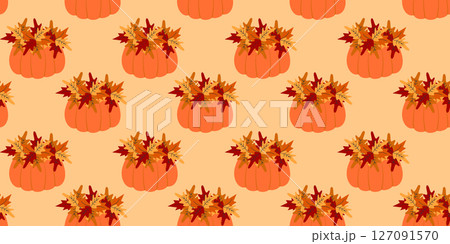 Autumn leaves and Pumpkin Hand drawn composition Seamless Pattern Autumn Holidays Festive Backdrop 127091570