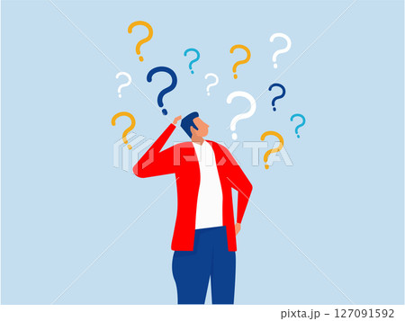 Ask questions, FAQ, problem or curiosity, businessman looking at question mark problem or curiosity, doubt and confusion to be answer, challenge and uncertainty vector,illustration 127091592
