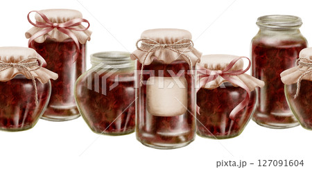 Cherry jam in glass jars in a seamless border with fabric vintage lids, label with ribbons and twine in a bow. Hand-drawn watercolor illustration on a transparent background 127091604