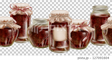Cherry jam in glass jars in a seamless border with fabric vintage lids, label with ribbons and twine in a bow. Hand-drawn watercolor illustration on a transparent background 127091604