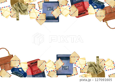 Rectangular frame for Post Day, letters, envelopes, mailboxes, postman bags. All objects are hand-painted with watercolors. Suitable for printing on fabric, paper, postcards, post office goods. 127091605