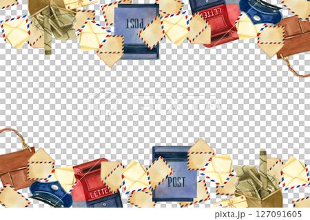 Rectangular frame for Post Day, letters, envelopes, mailboxes, postman bags. All objects are hand-painted with watercolors. Suitable for printing on fabric, paper, postcards, post office goods. 127091605