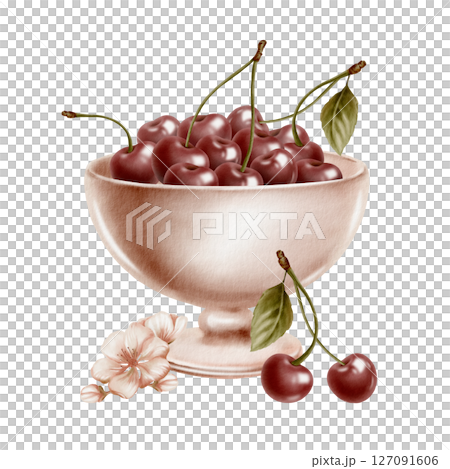 Ceramic bowl peach with ripe juicy cherries and flowers in minimalist watercolor painting dessert. Handmade delicate art with warm pastel tones, subtle texture for packaging, table decor 127091606