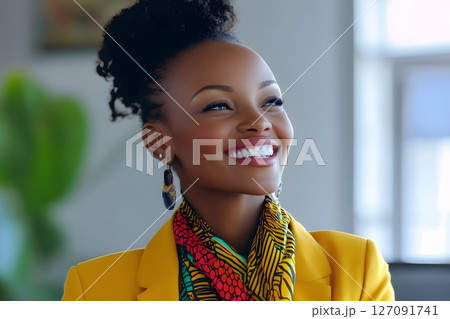 businesswoman of African origin on the background of a megalopolis, modern city, traditional clothes, Juneteenth 127091741