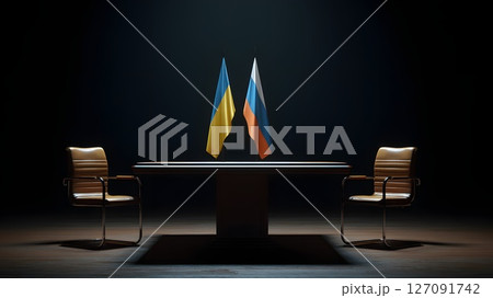 Negotiations between Russia and Ukraine, Meeting of leaders president, peace treaty, military conflict, official meeting table 127091742