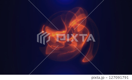 Abstract orange glowing sphere shape with fluid curves on a dark background 127091791
