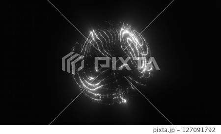 A white glowing sphere composed of swirling points of light, appearing as a digital construct in deep space 127091792