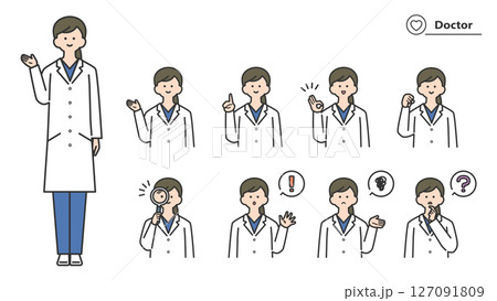 白衣を着た女性　表情とポーズのバリエーション　セット 127091809