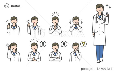 白衣を着た女性　表情とポーズのバリエーション　セット 127091811