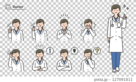 一個穿著白大褂的女人,一組面部表情和姿勢 一個穿著白大褂的女人,一組面部表情和姿勢 127091811