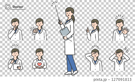 A woman in a white coat, a set of facial expressions and poses A woman in a white coat, a set of facial expressions and poses 127091813