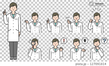 A man in a white coat, a set of facial expressions and poses 127091814