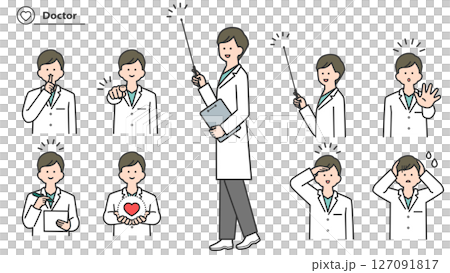A man in a white coat, a set of facial expressions and poses 127091817
