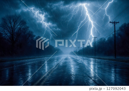 Thunderstorm with bright lightning bolts over empty road, night rain, dramatic sky, severe weather, danger, electricity, stormy clouds, natural disaster, dramatic view Thunderstorm with bright lightning bolts over empty road, night rain, dramatic sky, severe weather, danger, electricity, stormy clouds, natural disaster, dramatic view 127092043