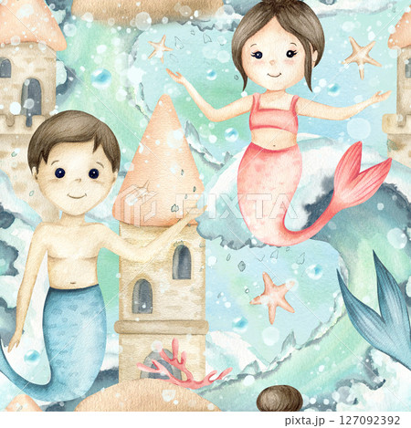 Mermaids girl and boy with waves and bubbles, underwater castle, corals, stars seamless pattern. Watercolor children's illustration isolated on seascape. Cute kids design for textile, packaging 127092392