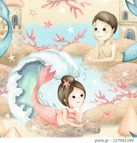 Mermaids little girl, boy lie on stone, waves and underwater castle, corals seamless pattern. Watercolor children's illustration isolated on seascape. Couple in love of kids for textile, stationery 127092399