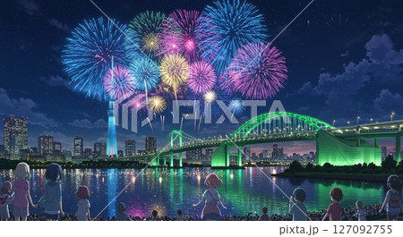 隅田川に架かる永代橋と隅田川の夜景 127092755