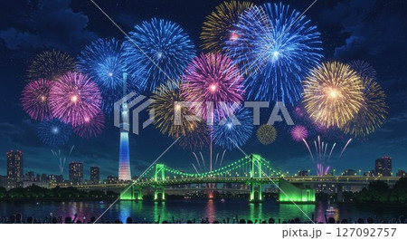 隅田川に架かる色とりどりの花火 127092757