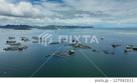 Fish farm with cages for fish and shrimp Fish farm with cages for fish and shrimp 127092811