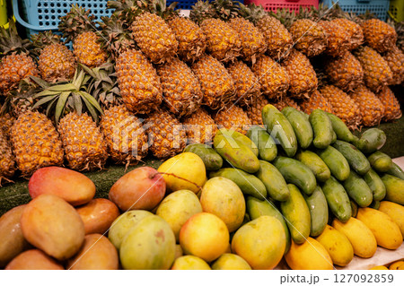 Variety of Thai fruits fruits on the counter 127092859