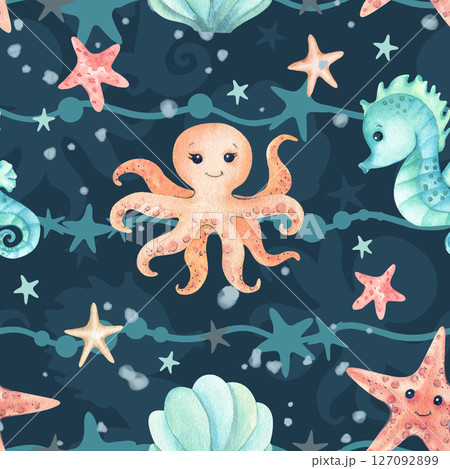 Octopus, seahorse, starfish cute children illustration seamless pattern isolated on dark background with sea animals silhouette. Watercolor characters, Night underwater world kids design for textile Octopus, seahorse, starfish cute children illustration seamless pattern isolated on dark background with sea animals silhouette. Watercolor characters, Night underwater world kids design for textile 127092899