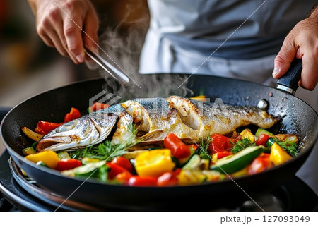 Male hands cooking grilled fish with vibrant vegetables in skillet Male hands cooking grilled fish with vibrant vegetables in skillet 127093049