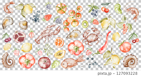 Hand-drawn watercolor illustration of assorted fruits, vegetables, berries, and seafood. Drawing composition of healthy organic food elements. Ideal for menu design and culinary projects. Hand-drawn watercolor illustration of assorted fruits, vegetables, berries, and seafood. Drawing composition of healthy organic food elements. Ideal for menu design and culinary projects. 127093228