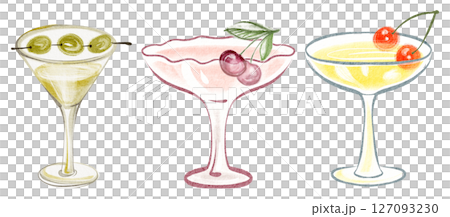Watercolor illustration of assorted cocktails with martini, champagne, cherries, and olives. Hand drawn elegant drinks in glasses. Perfect for bar menus, parties, and drink themed designs. 127093230