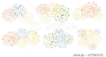 Watercolor illustration showing various fireworks and salutes. Hand-drawn style with colorful bursts and sparks. Ideal for holiday and party celebration designs. Watercolor illustration showing various fireworks and salutes. Hand-drawn style with colorful bursts and sparks. Ideal for holiday and party celebration designs. 127093231