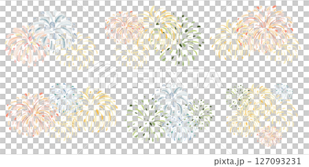 Watercolor illustration showing various fireworks and salutes. Hand-drawn style with colorful bursts and sparks. Ideal for holiday and party celebration designs. 127093231