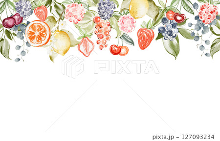 Watercolor illustration of a seamless border frame made of assorted fruits and berries. Hand-drawn botanical elements create a colorful, fresh summer design perfect for packaging or decoration. Watercolor illustration of a seamless border frame made of assorted fruits and berries. Hand-drawn botanical elements create a colorful, fresh summer design perfect for packaging or decoration. 127093234