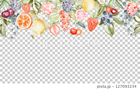 Watercolor illustration of a seamless border frame made of assorted fruits and berries. Hand-drawn botanical elements create a colorful, fresh summer design perfect for packaging or decoration. Watercolor illustration of a seamless border frame made of assorted fruits and berries. Hand-drawn botanical elements create a colorful, fresh summer design perfect for packaging or decoration. 127093234