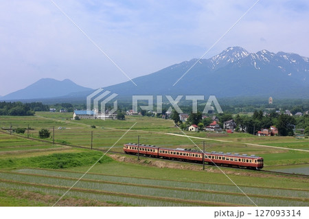 残雪の妙高山の麓、田植えが済んだ田んぼの中を快走するトキ鉄の観光急行 残雪の妙高山の麓、田植えが済んだ田んぼの中を快走するトキ鉄の観光急行 127093314