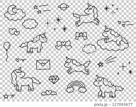 かわいい手書きのユニコーンのベクターイラストセット。馬、リボン、ハート、落書き、ゆめかわ 127093677
