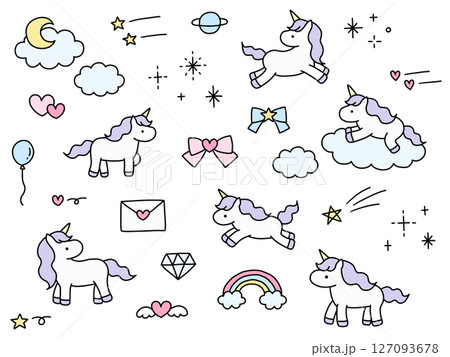 かわいい手書きのユニコーンのベクターイラストセット。馬、リボン、ハート、落書き、ゆめかわ 127093678