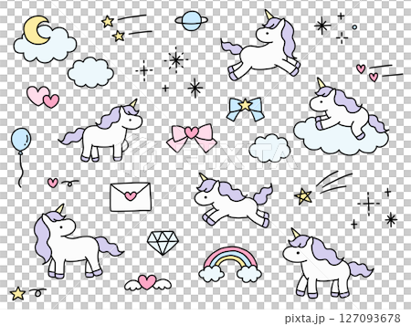 かわいい手書きのユニコーンのベクターイラストセット。馬、リボン、ハート、落書き、ゆめかわ 127093678