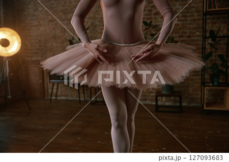 An elegant ballerina graciously posing in a beautiful tutu dress in a contemporary studio setting An elegant ballerina graciously posing in a beautiful tutu dress in a contemporary studio setting 127093683
