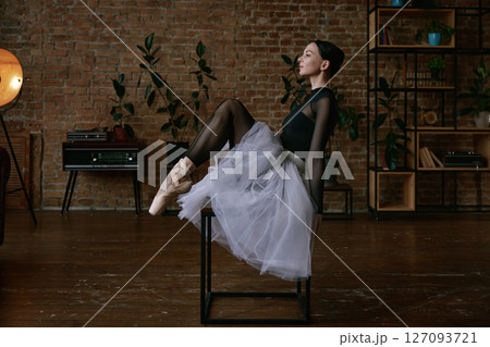 Elegant ballerina in a beautiful tutu practicing her moves in a serene studio setting Elegant ballerina in a beautiful tutu practicing her moves in a serene studio setting 127093721