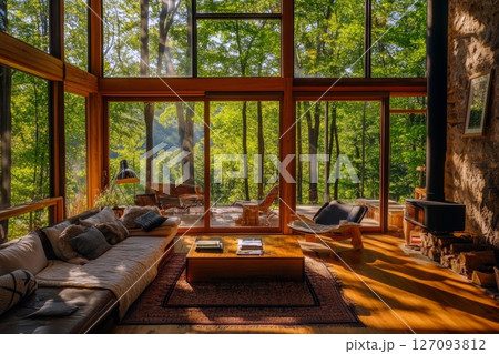 Cozy Living Room Overlooking Tranquil Forest Through Large Glass Windows. 127093812